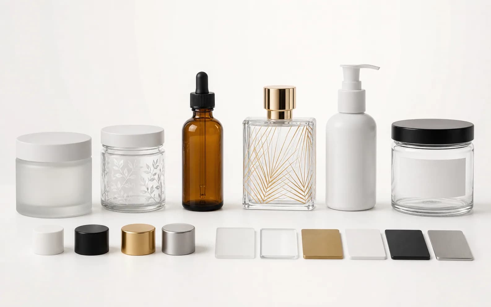 Glass packaging finish selection scene with a bottle prototype, material swatches and approval tools