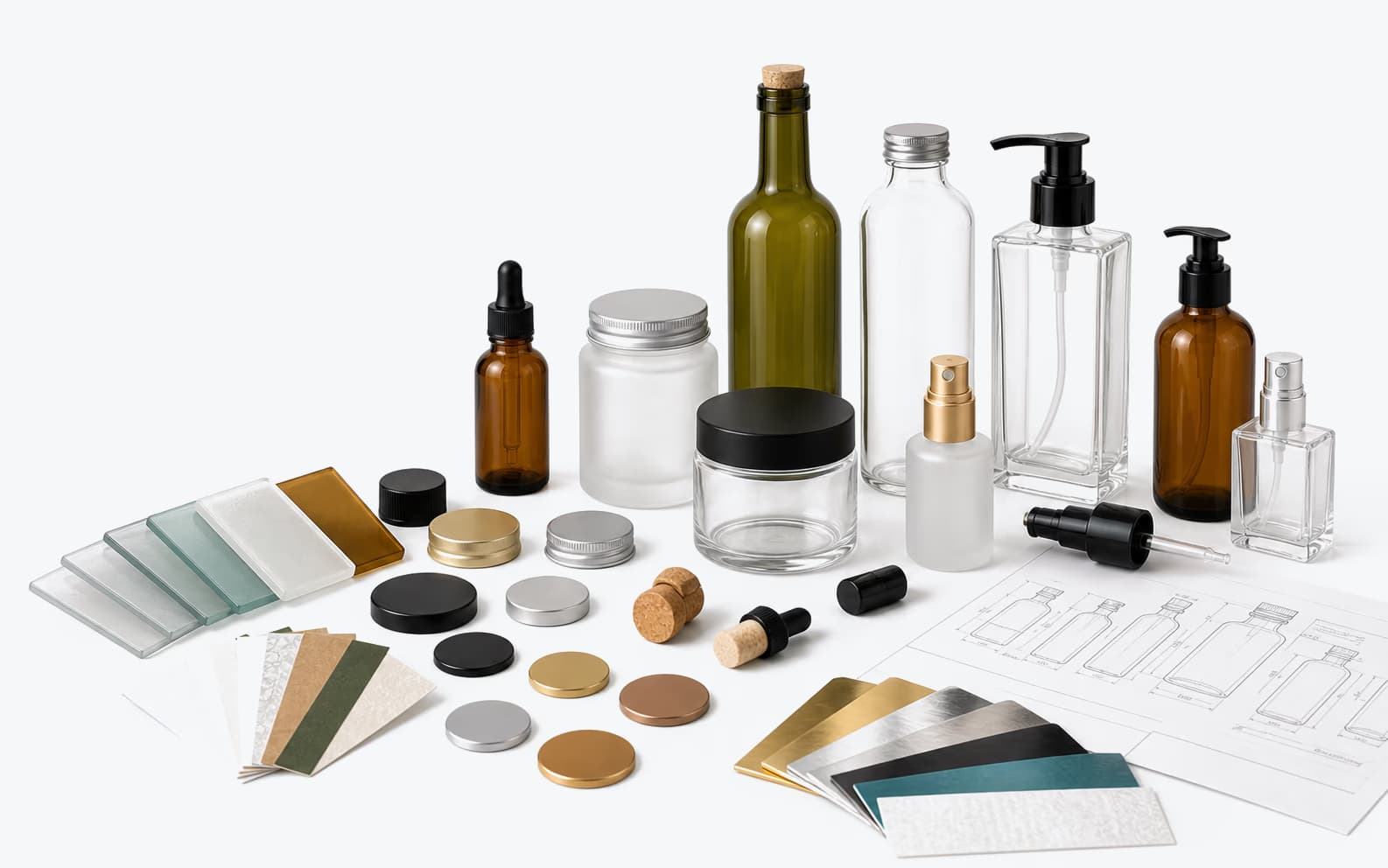 Custom glass packaging samples with caps, finishes and technical drawings