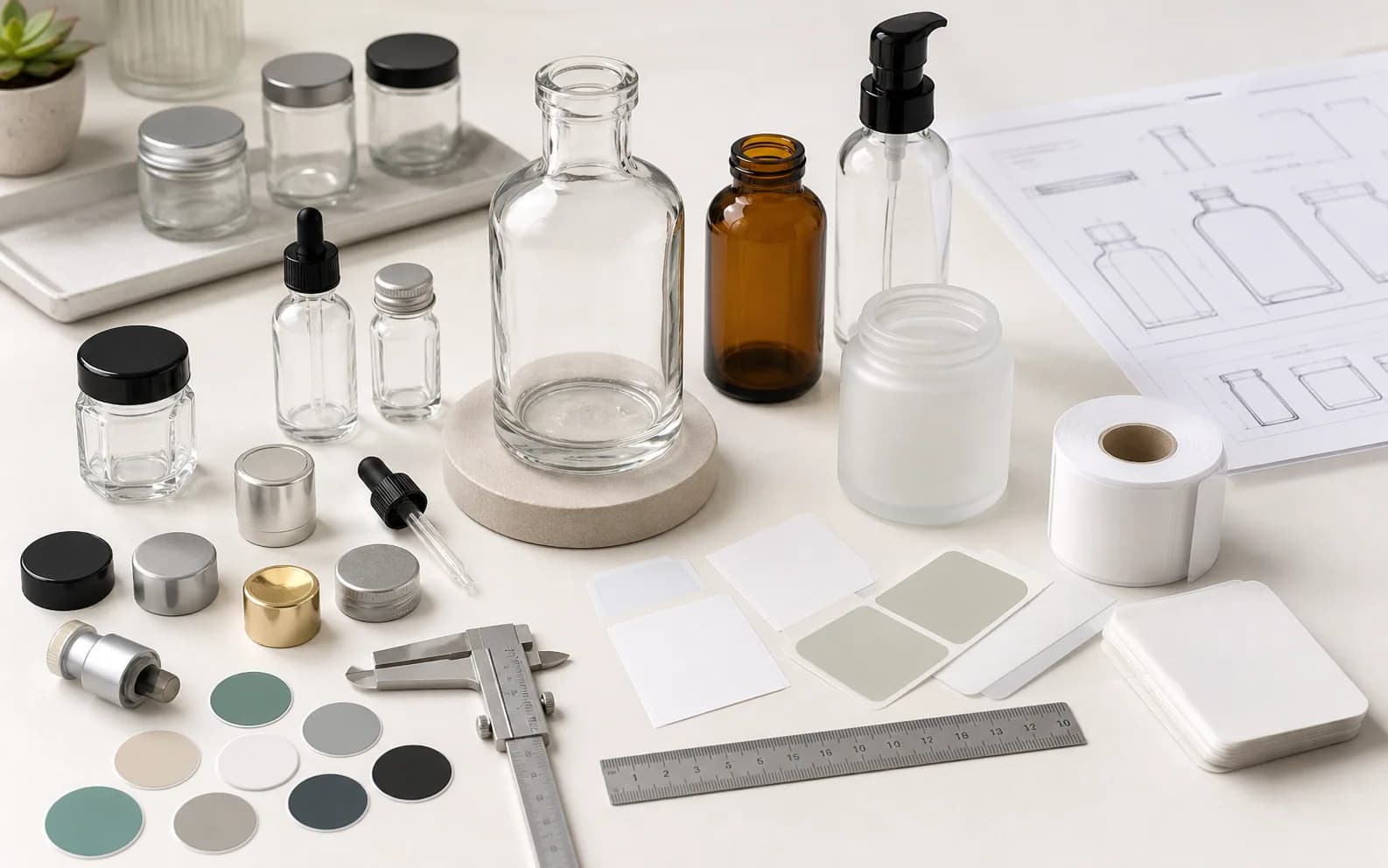 Glass packaging sample approval with bottles, caps, labels, swatches and measuring tools
