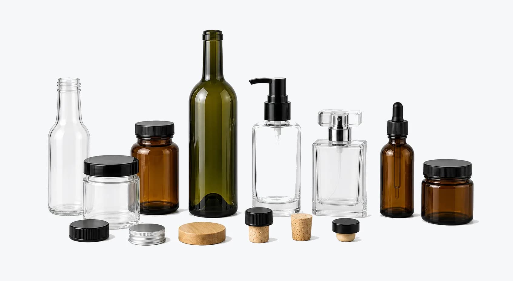 Transparent cutout lineup of representative glass bottles jars caps and closures