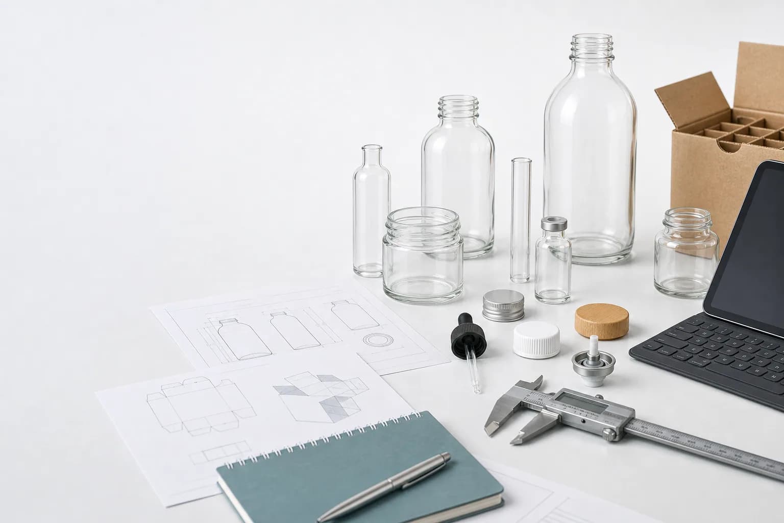 Glass packaging resource workbench with bottles jars closures drawings and measuring tools