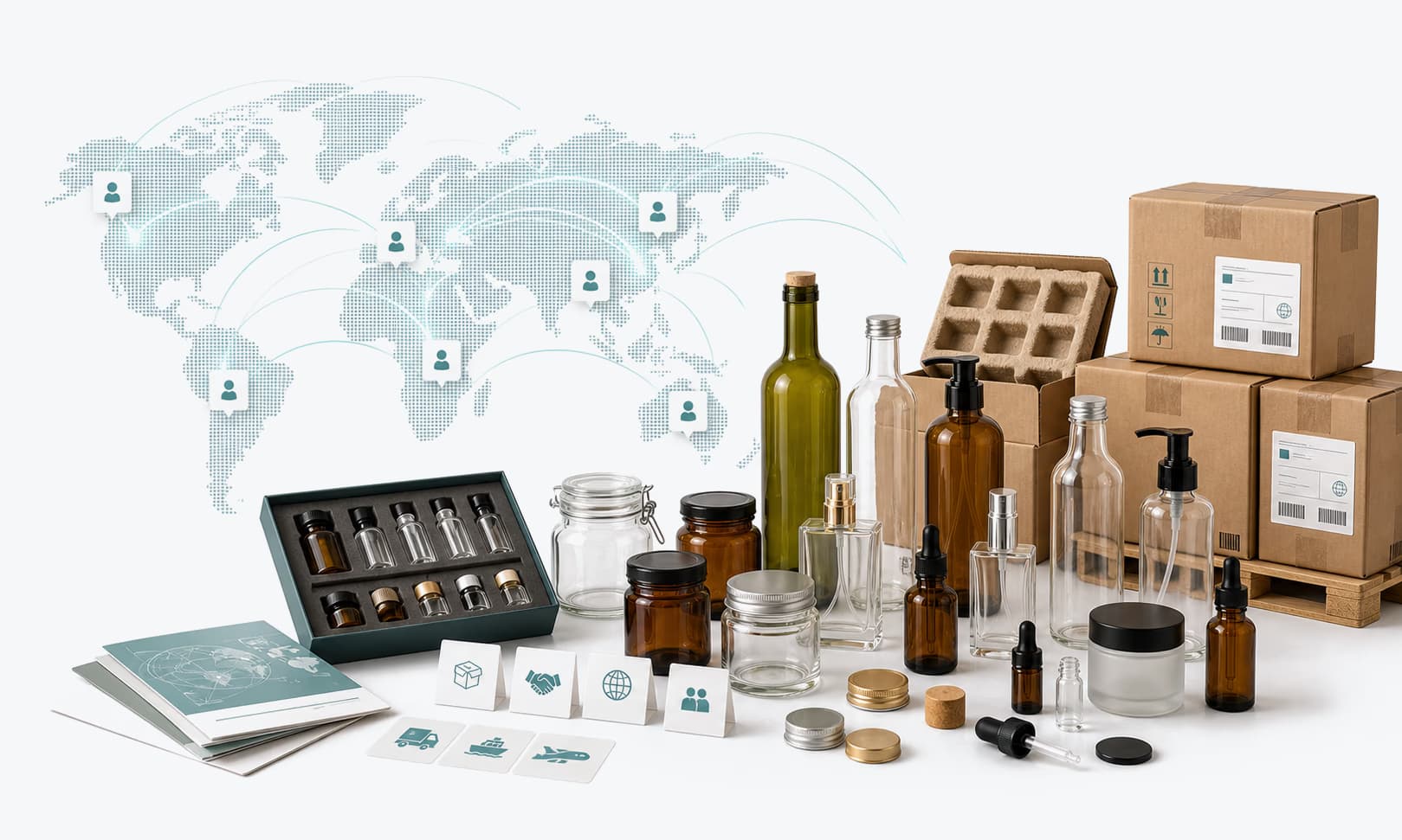 Global glass packaging distributor program warehouse with bottles jars export cartons and world map