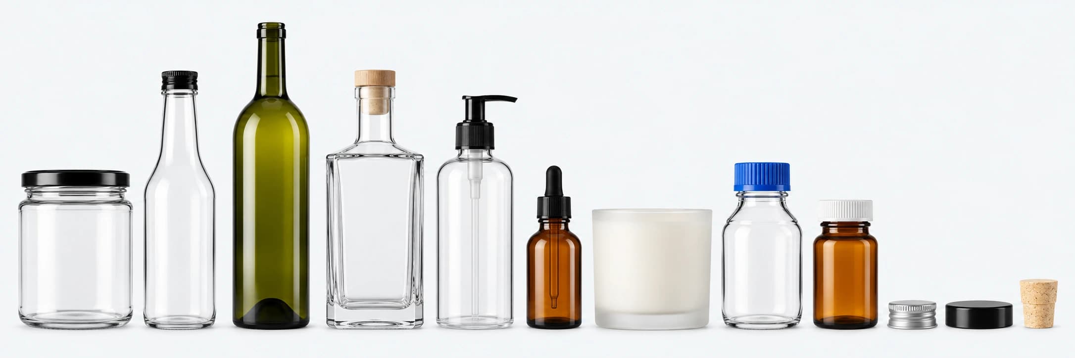 A single row of food jars, sauce and spirits bottles, skincare packaging, a candle vessel, laboratory and pharmaceutical bottles, caps and a cork